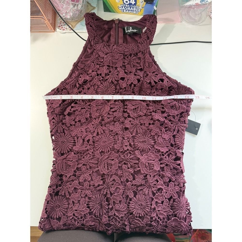 Lulus Love Poem Burgundy Crochet Lace Halter Dress Mini Romancore NWT Small - Picture 8 of 10
